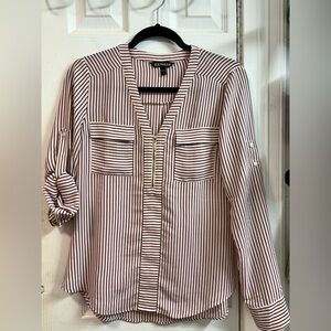 Express Cream and Burgundy Striped Zip-Front Button Down Blouse